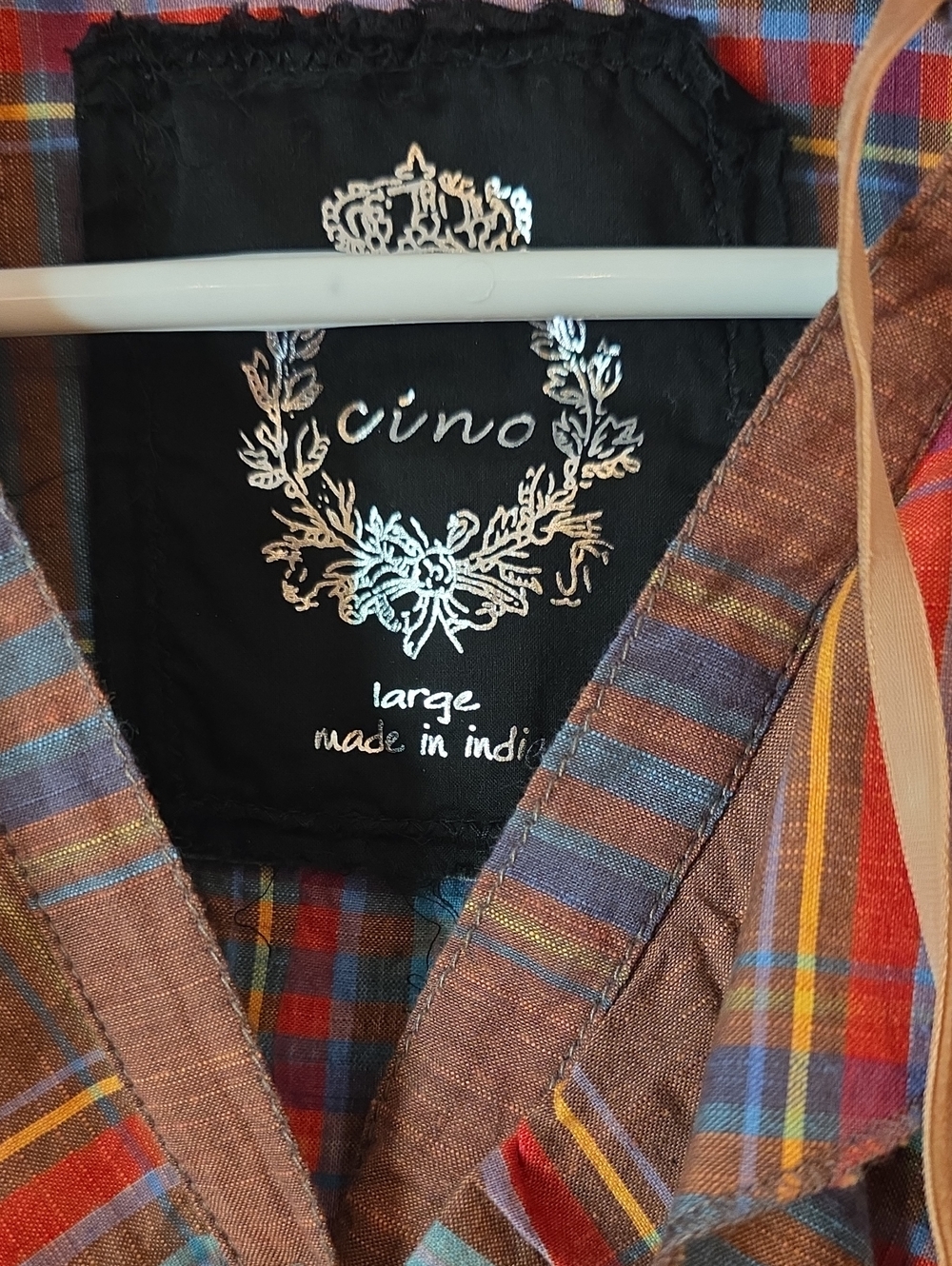Cino Frayed Ruffle Fringe Plaid Button-Up Shirt Brown Red Blue Large Cotton - Picture 2 of 14
